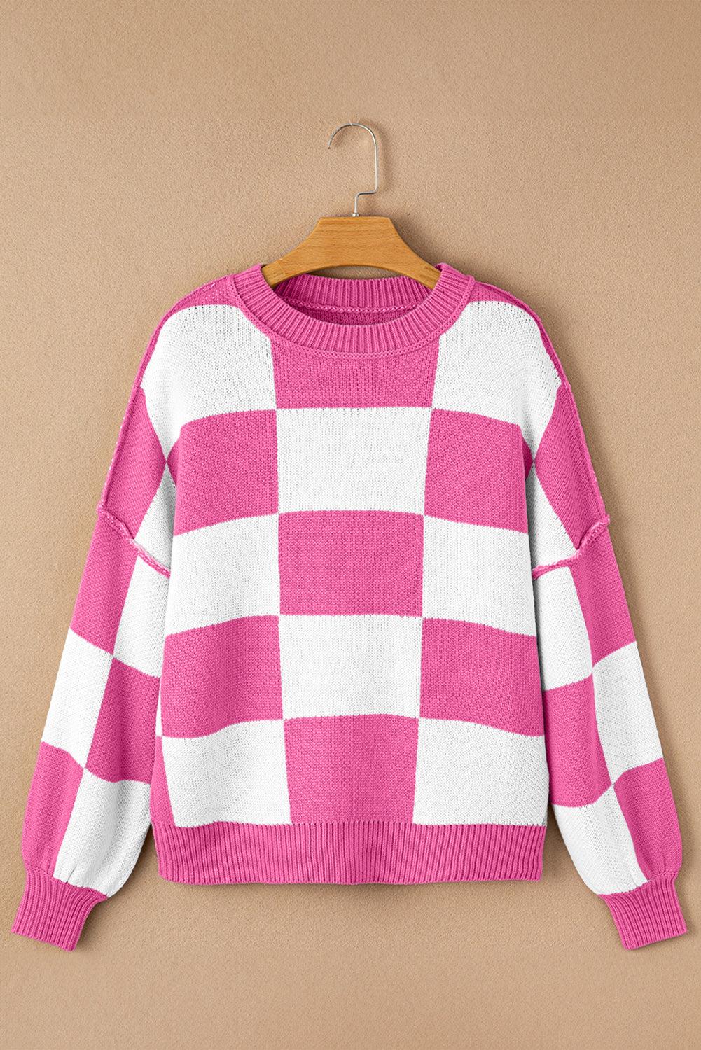 Orange & White Plaid Exposed Seam Bishop Sleeve Sweater aef56fc61ca4622e