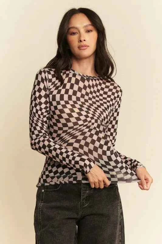 Davi & Dani Checker Board Mesh Long Sleeve Layering Top aefbc291f491479398b85c7e4a05b66c-Max-Origin