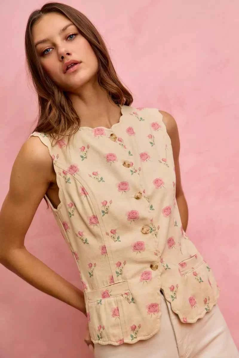 SO ME Floral Rose Cotton Twill Scallop Button Vest Top aefe92bf91834fb6a2575d11cd96a8ce-Max-Origin