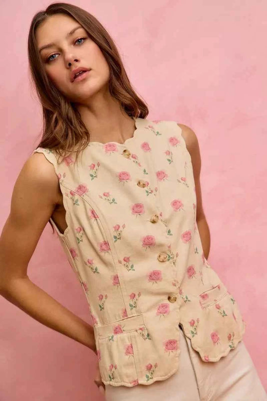 Floral Rose Cotton Twill Scallop Button Vest Top aefe92bf91834fb6a2575d11cd96a8ce-Max-Origin