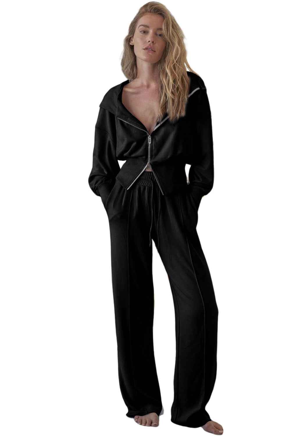 Black Double Zipper Hooded Jacket and Sweatpants Active Set af00042714aed1e2