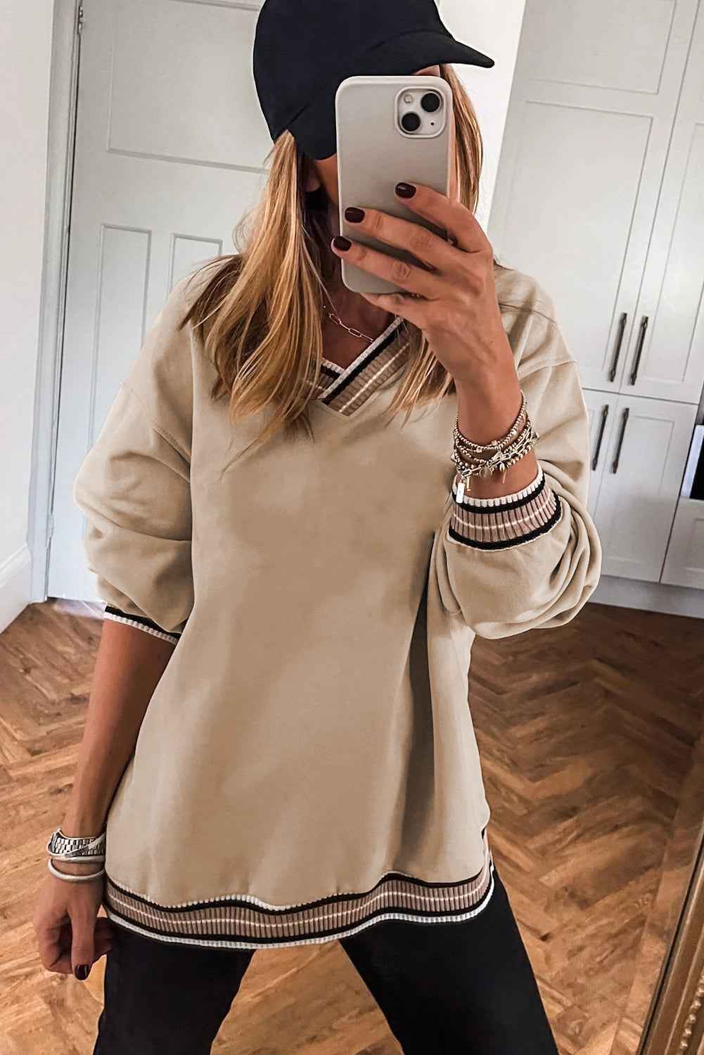 Parchment Varsity Contrast Trim V Neck Sweatshirt af05bbe54cf69297
