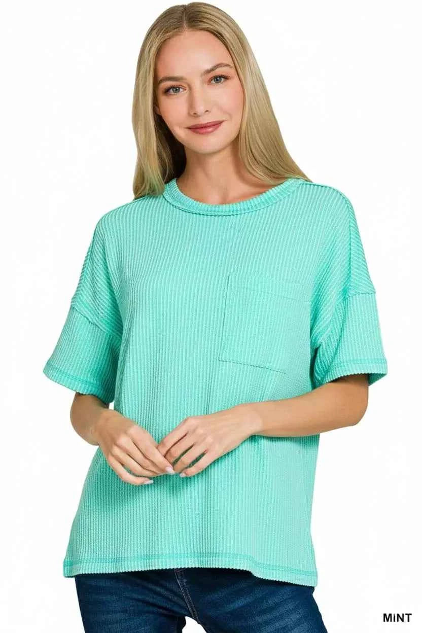 Zenana Raised Rib Exposed Seam Short Sleeve Top af0878a7-5dc3-4505-b82a-5f56c3c44b93-Max-Origin