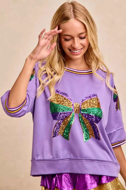 Mardi Gras Theme Ribbon Sequin Patched Top af0be23a3b52405d9fe689dccceb1d67-Max-Origin