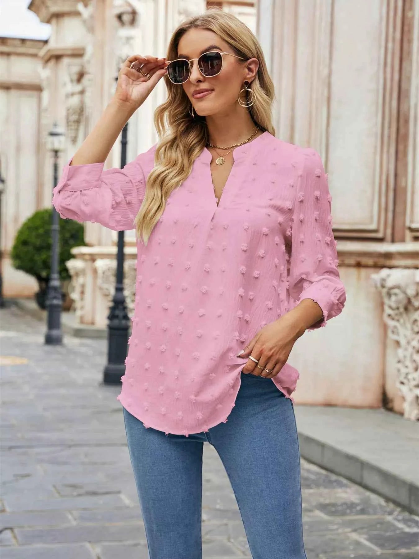 Swiss Dot Notched 3/4 Sleeve Blouse Pink af0cf911f890421999b03c8389d95698-Max-Origin