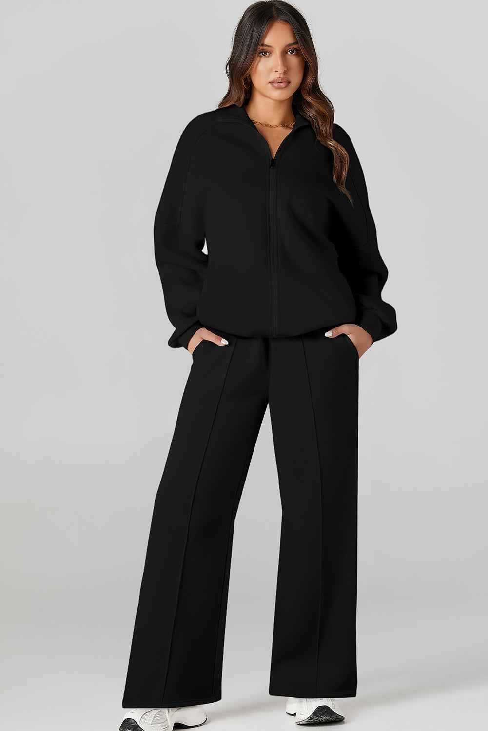 Burgundy Drop Shoulder Zip Up Jacket Drawstring Pants Active 2pcs Set af0fa4f7193b0567