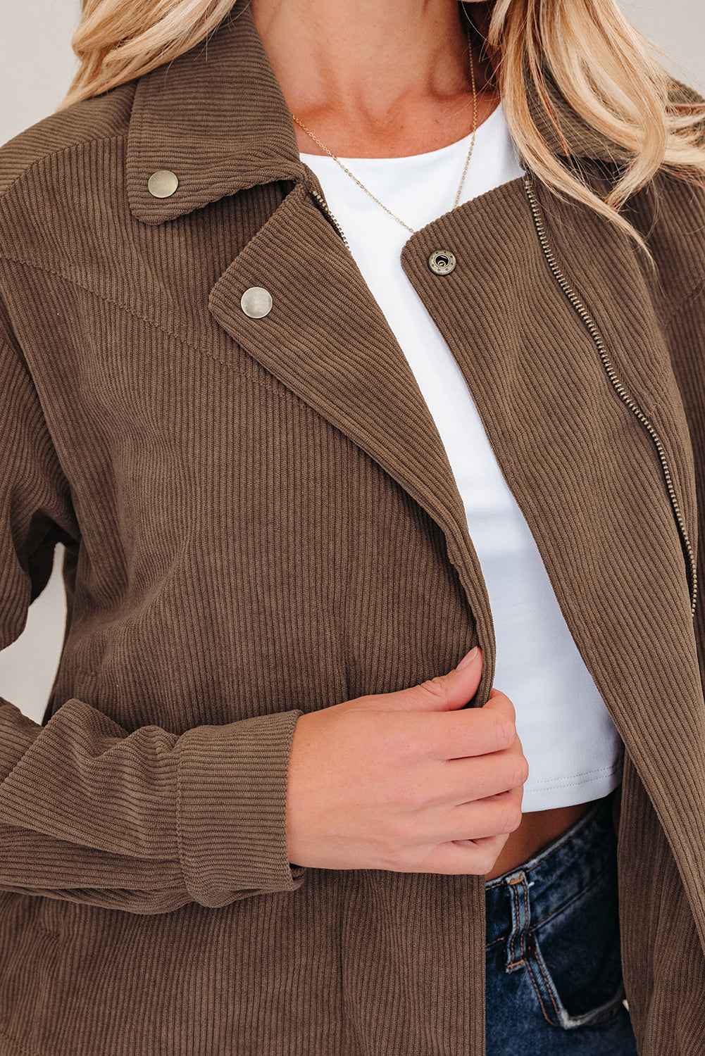 Dark Khaki Button Zip Up Lapel Collar Corduroy Jacket af15018aa09eea4a