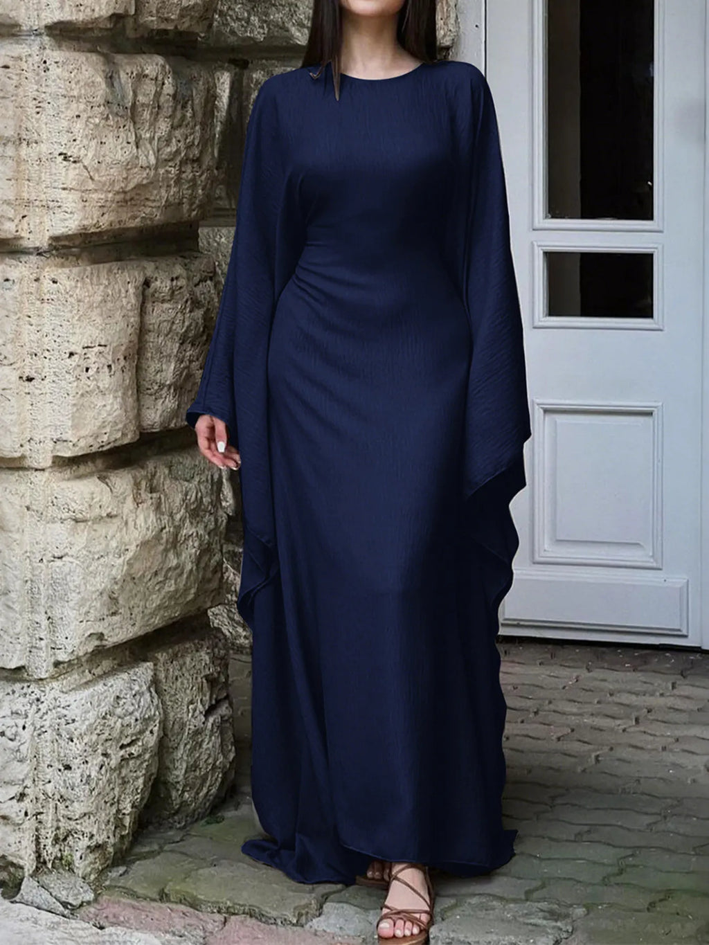 Round Neck Maxi Dress with Flowing Cape Sleeves Dark Navy af178f1cb10a4f369442dd0e8ffaa6b6-Max-Origin