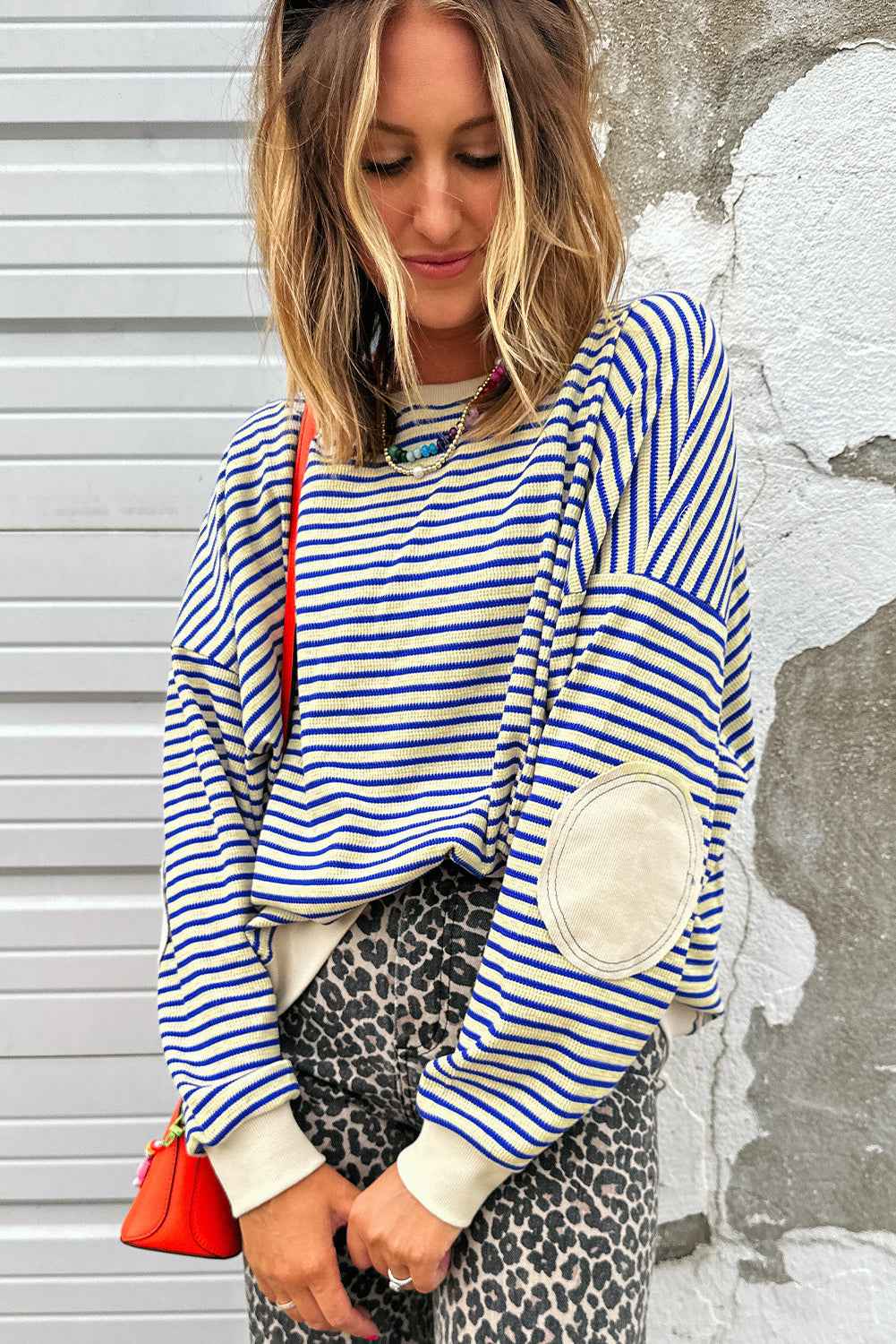 Blue Stripe Textured Elbow Patched Crew Neck Drop Shoulder Sweatshirt af1bafc018f5c0da