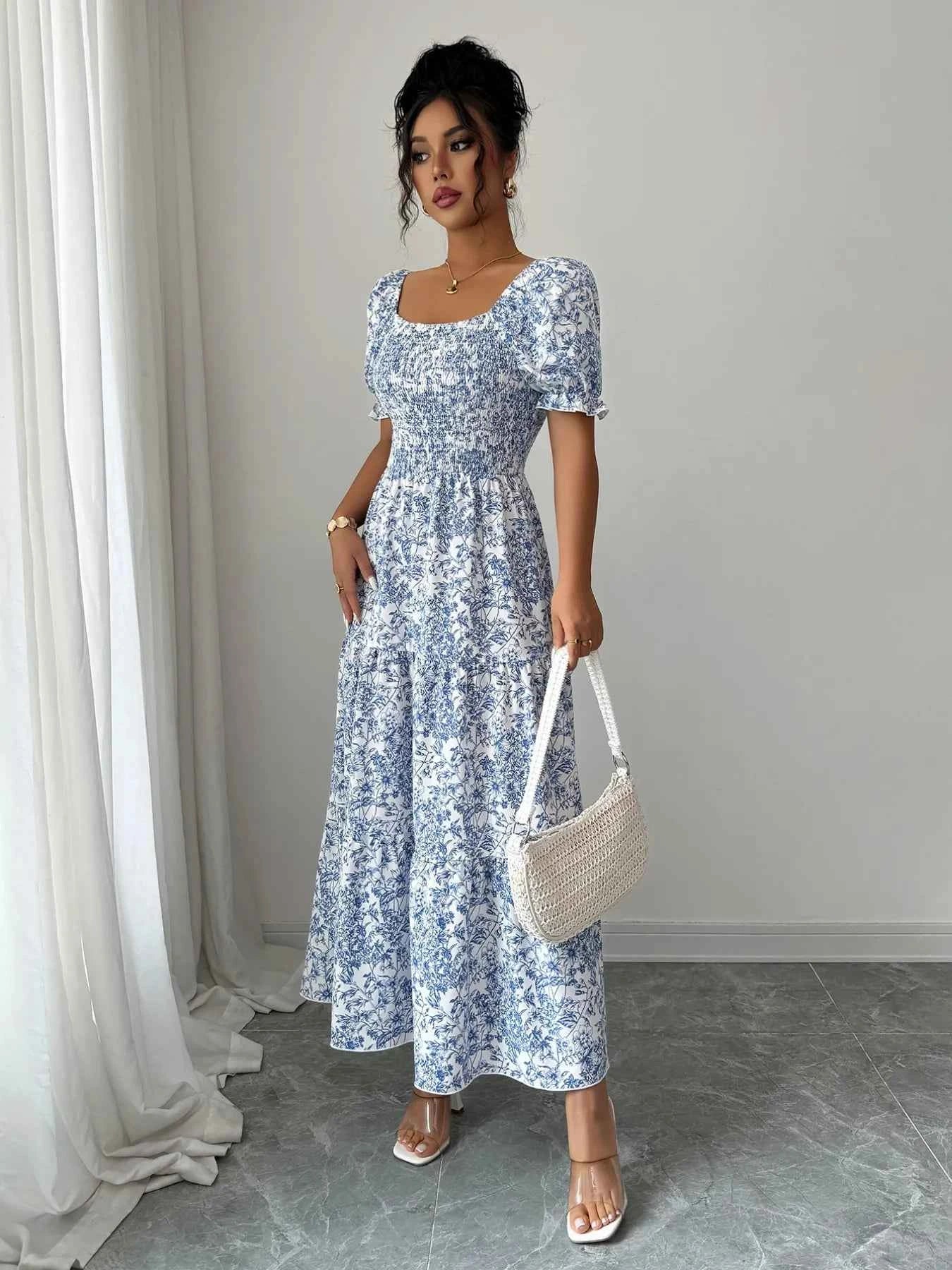 Smocked Printed Short Sleeve Dress af1c2369-2c19-42ab-b28c-dd7b5bdd3ae0-Max-Origin
