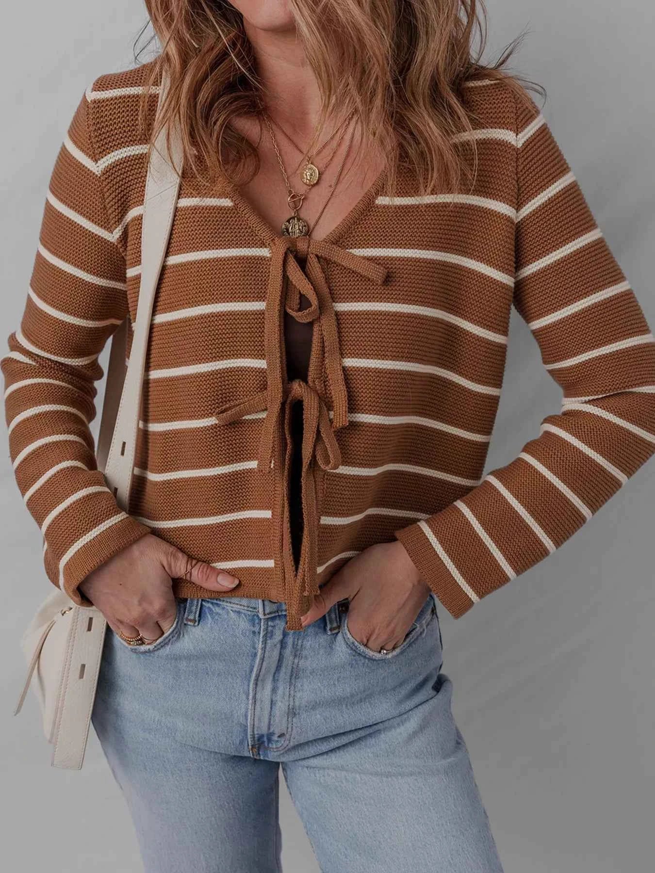 Tie Front Striped Knit V Neck Cardigan Caramel af1c6a4e947b48bea3d8ebecb13609d1-Max-Origin