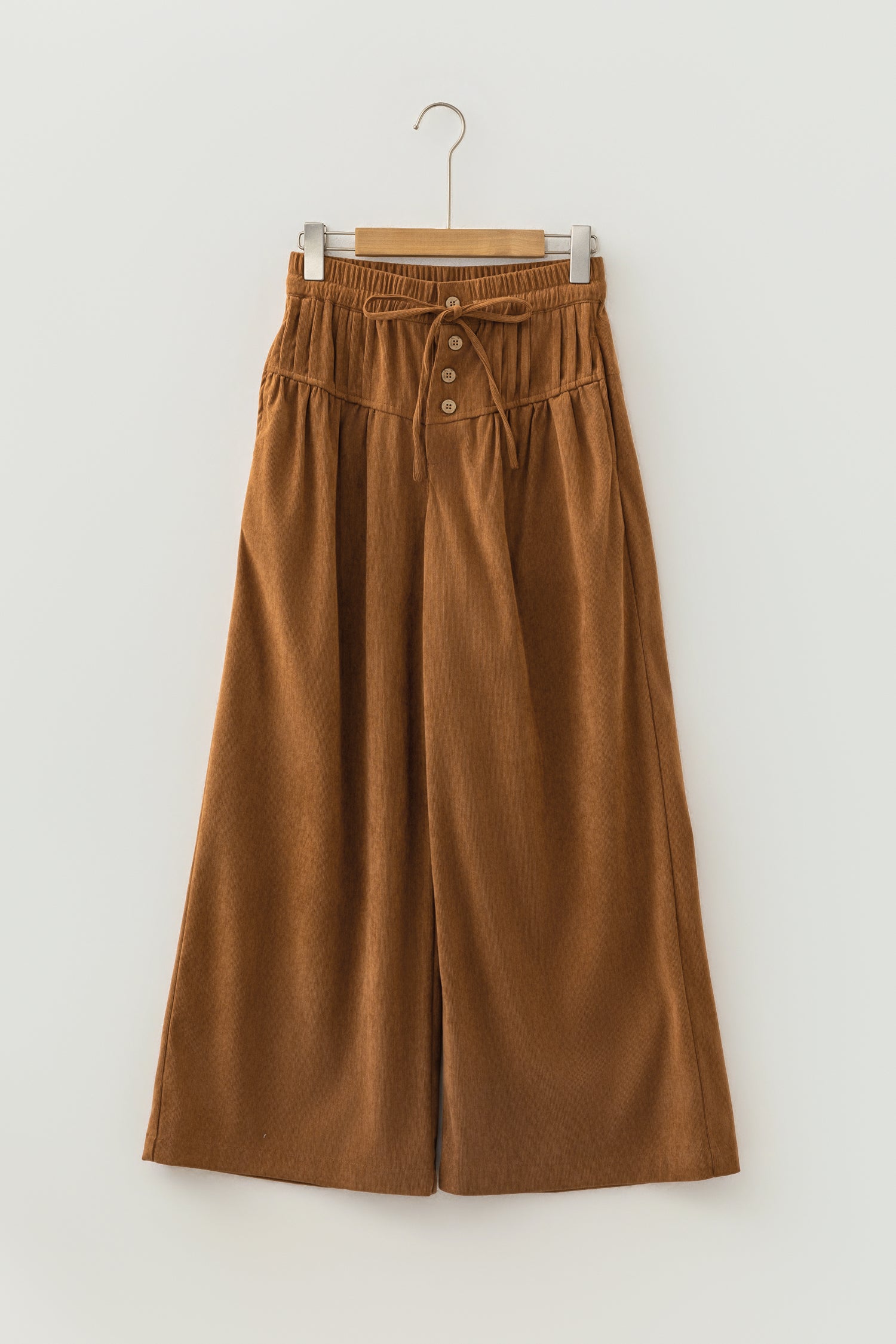 Thai Curry Elastic Waist Wooden Button Placket Ankle Length Wide Leg Pants af1ca9c58d9a9cf4