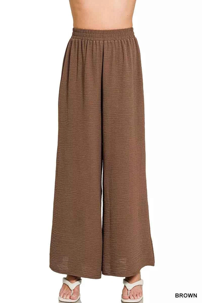 Zenana Woven Airflow Elastic Waistband Pants BROWN af1d470886b54dfab18eb481fd375e5e-Max-Origin
