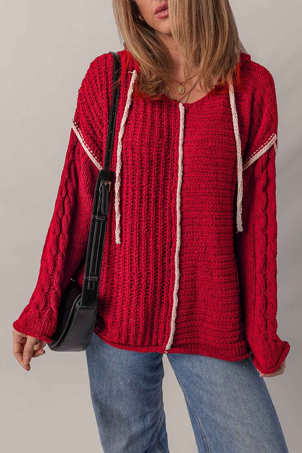 Racing Red Contrast Trim Textured Knit Drawstring Hooded Sweater Racing Red 100%Acrylic af1e9ca41d5c7398