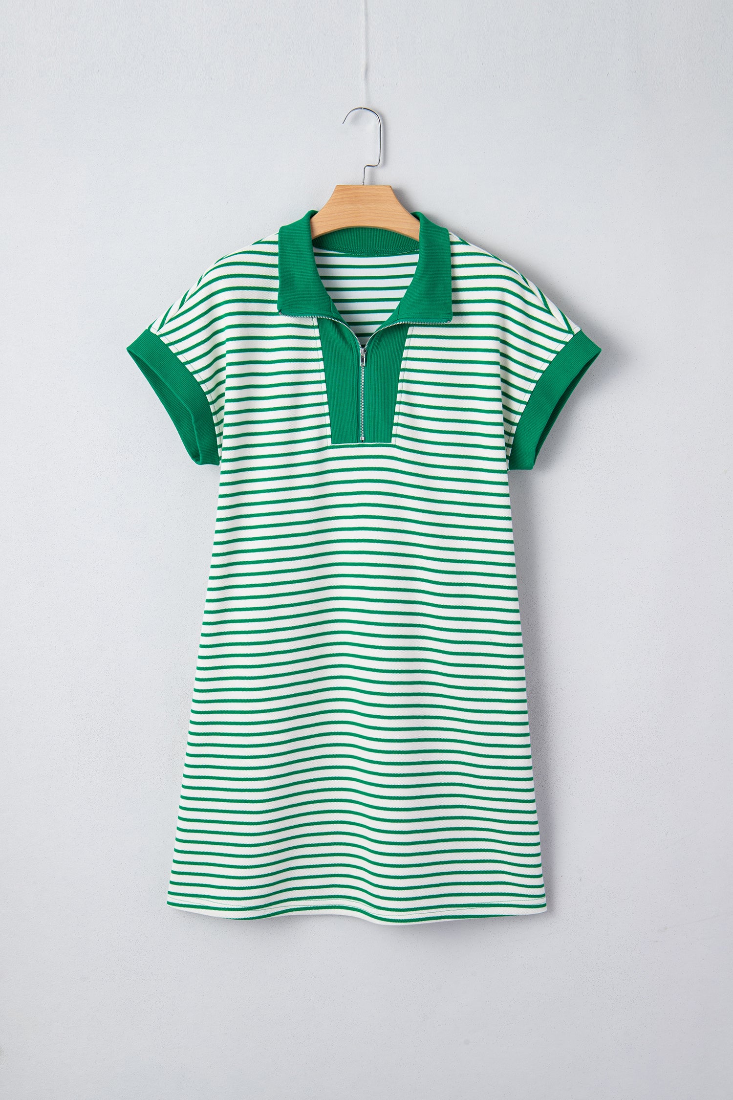 Green Stripe Quarter Zip Polo Collar T Shirt Dress with Pockets af1f71e16b97db54