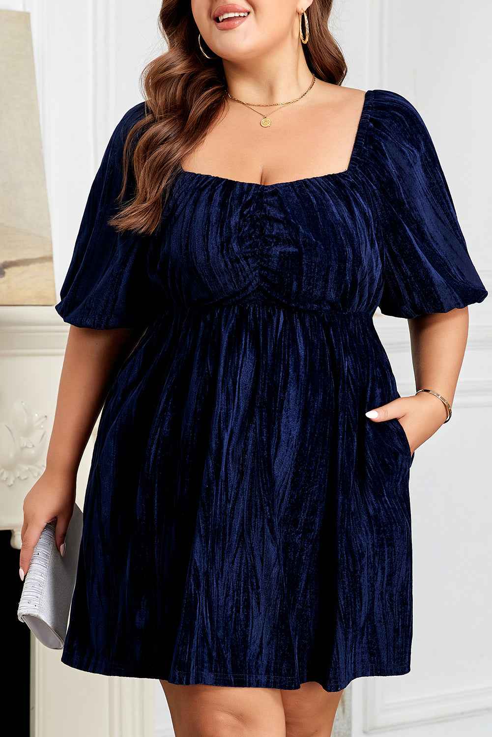 Navy Blue Velvet Ruched Bust Square Neck Short Puff Sleeve Plus Dress af24ee9344f2e9a1