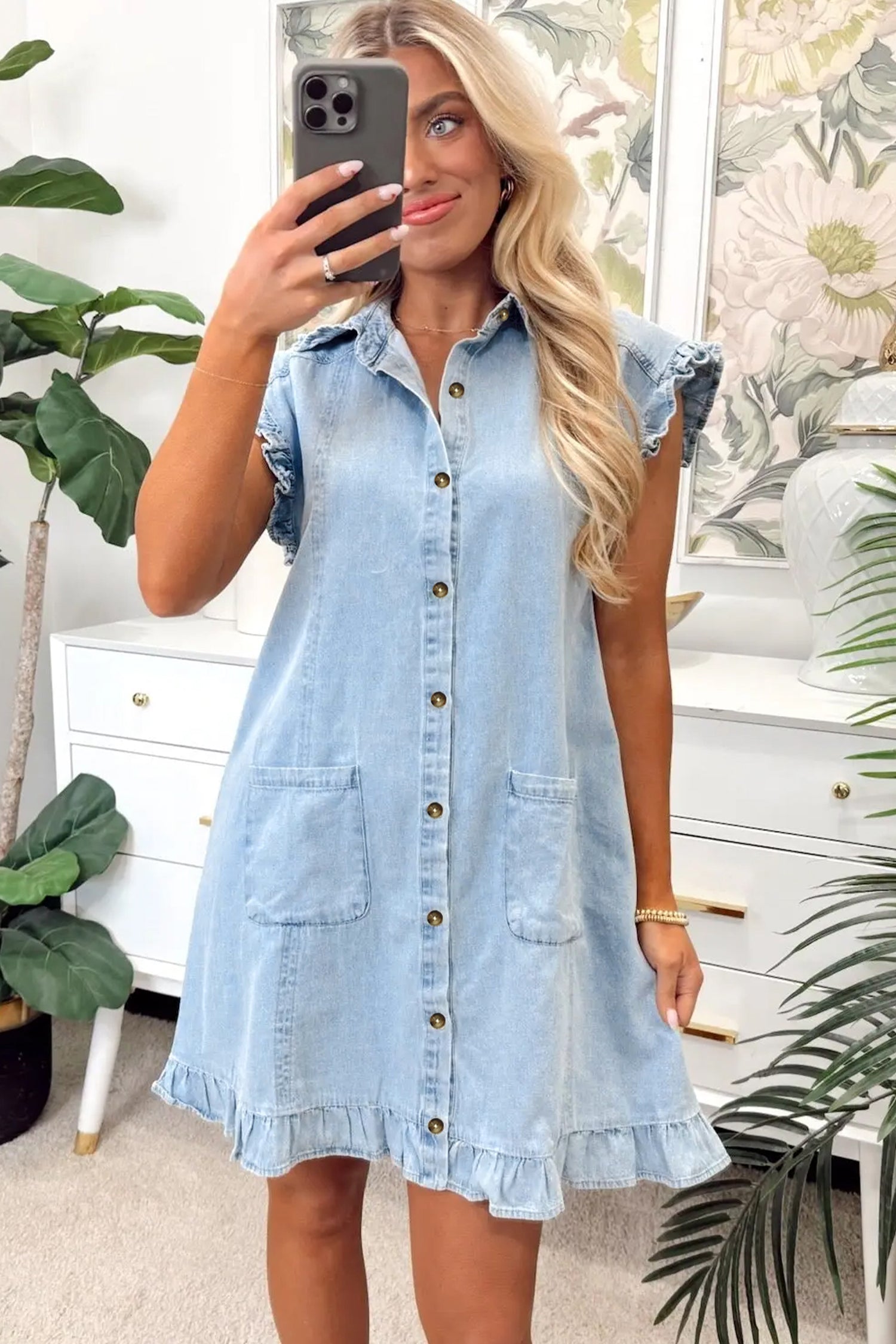 Beau Blue Ruffled Edge Collared Shift Denim Dress with Pockets af270b1e57b5a855