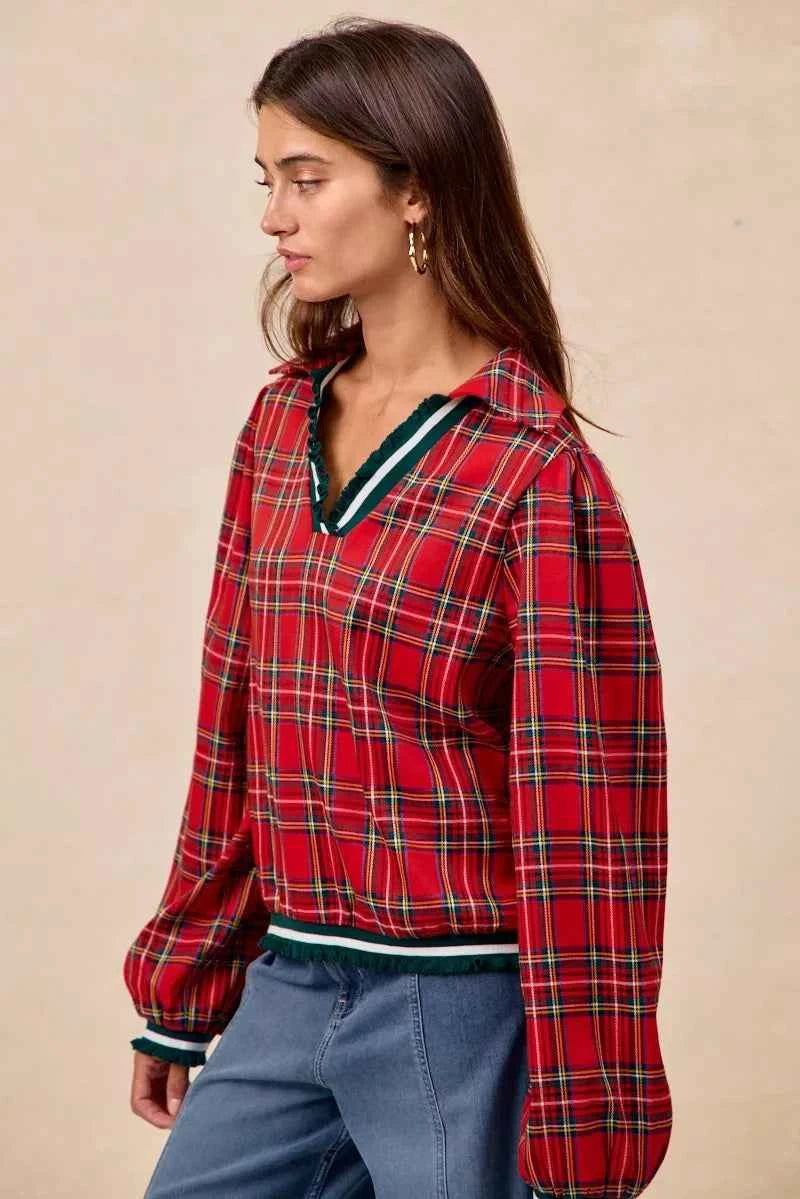 BiBi Christmas Plaid Collared Top with Ruffled Detail af2b0d6b472b454a998400683c36b640-Max-Origin
