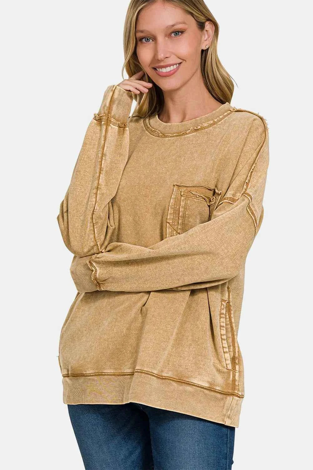Zenana Exposed Seam Round Neck Dropped Shoulder Sweatshirt Camel af2b5115-bc4d-49d7-a576-4b8074ba0a3e-Max