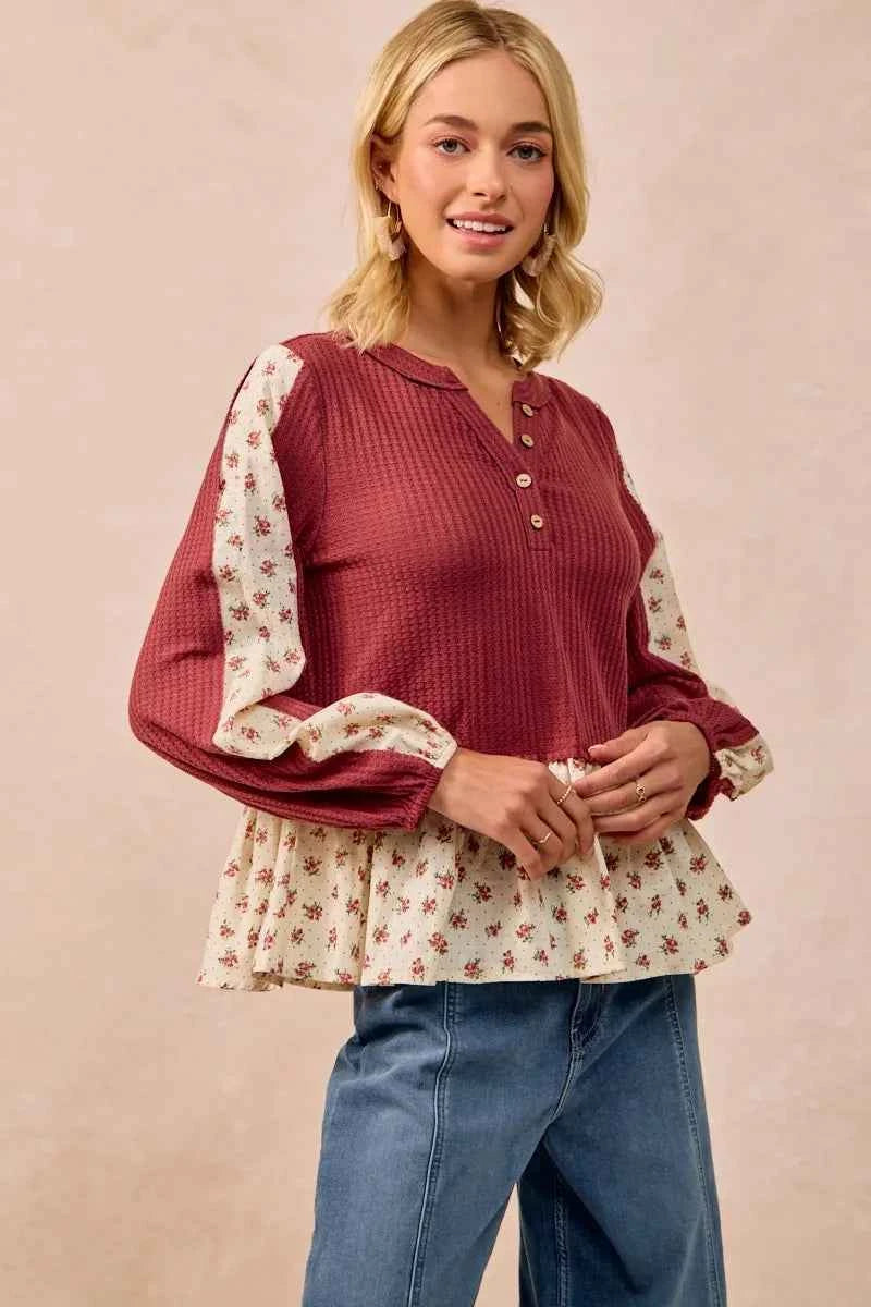 BiBi Waffle with Floral Woven Combo Top af2ca9145a4b4c07af85a592e5e6c6c8-Max-Origin