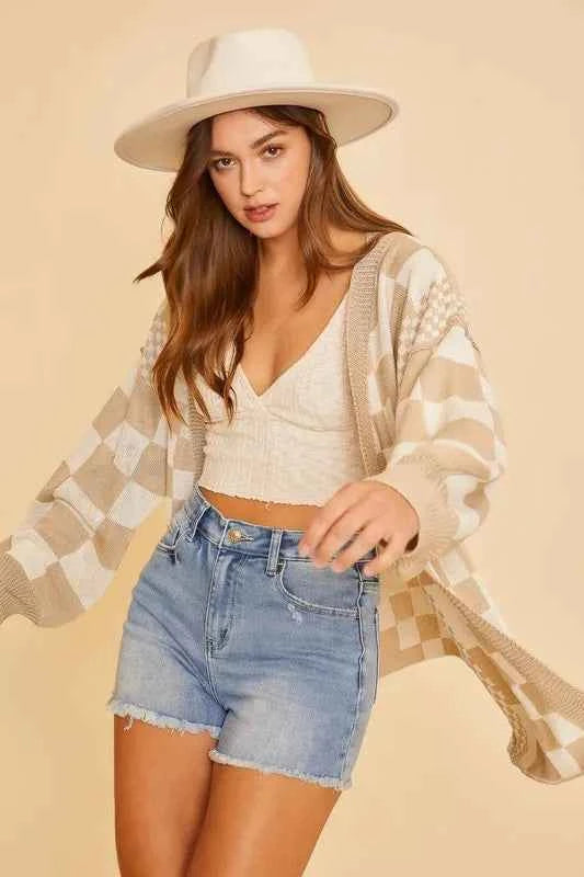Annie Wear Checkered Open Front Drop Shoulder Cardigan af30f97b-6095-4c95-8527-3d0c824c2bb4-Max