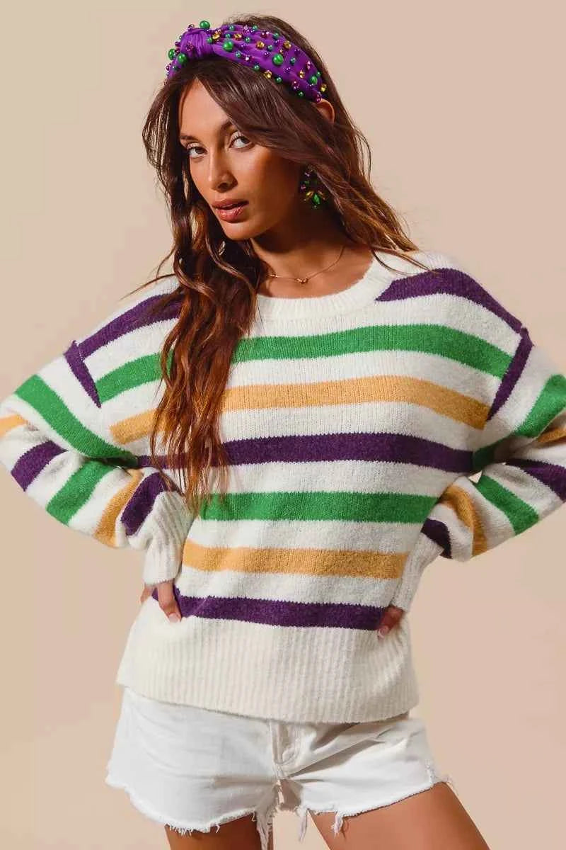 SO ME Mardi Gras Color Stripe Round Neck Sweater Top af33df548ff74bbdbfd36efc072a4f58-Max-Origin