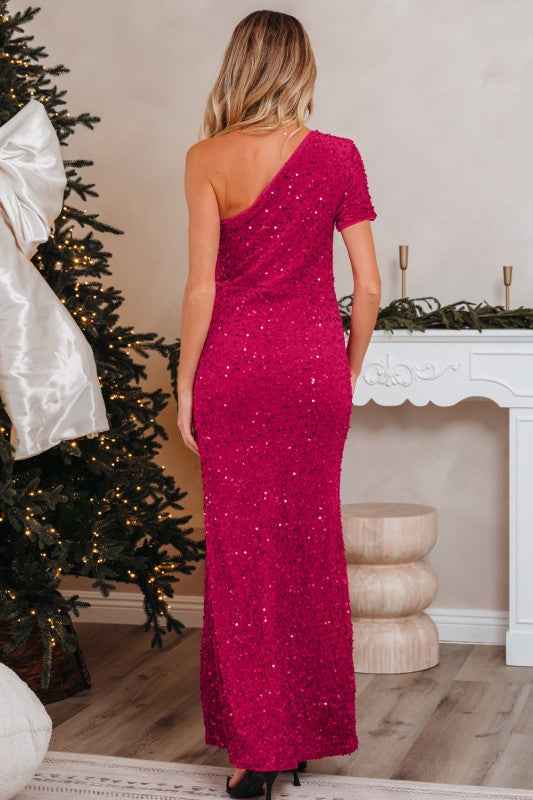 Sequin One Shoulder Thigh High Split Bodycon Gown af3483c6-294c-485b-8117-07fc041a8dab