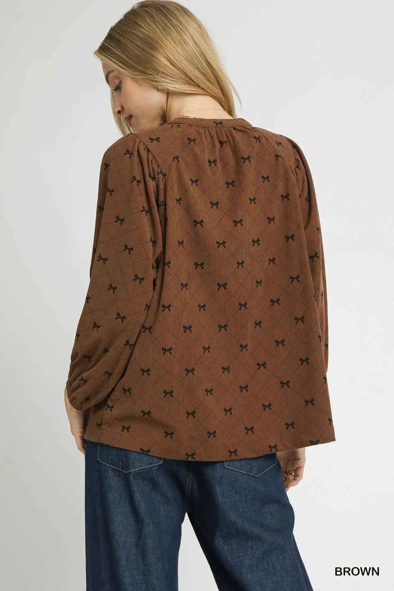 Umgee Corduroy Bow Print Balloon Sleeve Blouse af36260f-af1d-4d45-82c9-d4bf6b00646a-Max-Origin