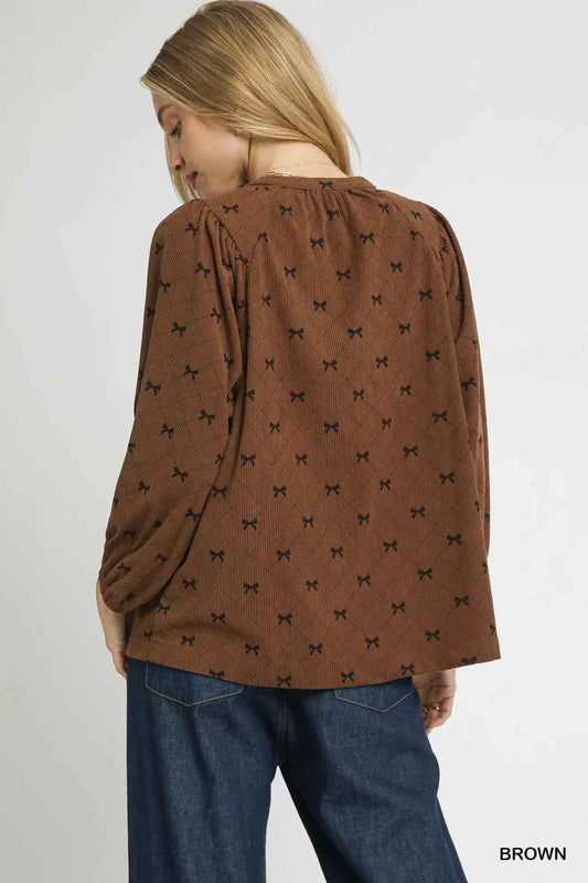 Corduroy Bow Print Balloon Sleeve Blouse af36260f-af1d-4d45-82c9-d4bf6b00646a-Max-Origin