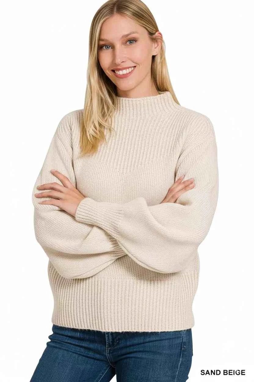 Zenana Balloon Sleeve Mock Neck Sweater af5162c4-7829-4107-bdbd-60a0039f144f-Max-Origin