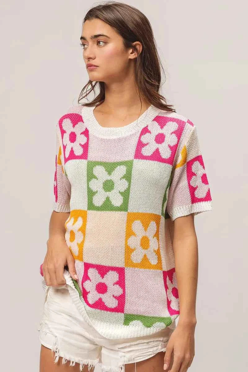 BiBi Flower Checker Pattern Lightweight Sweater Top af54239b4b6d4d90a6603e4ef10fc509-Max-Origin