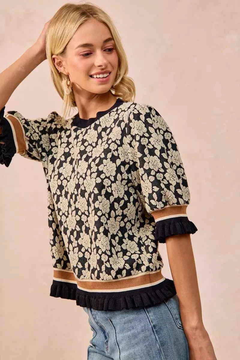 BiBi Textured Rose Knit Top Contrast Banded Puff Sleeve af5b97d7-bd4a-47ce-9c44-f6bb5570678e-Max-Origin