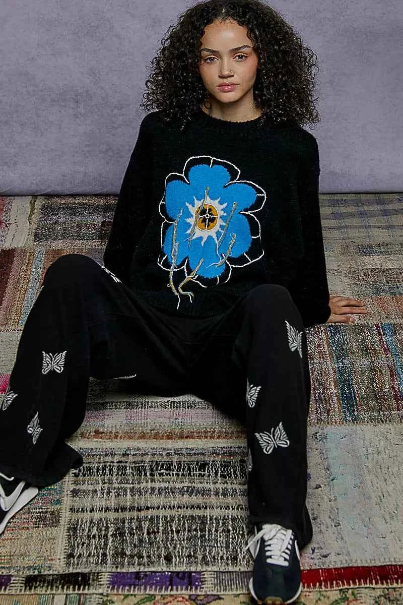 POL Floral Pattern Round Neck Sweater with Exposed Stitching af5db66c-2f05-489d-8d9d-ef3897183cfd-Max-Origin