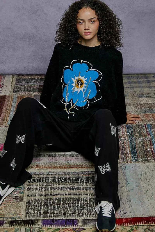 POL Floral Pattern Round Neck Sweater with Exposed Stitching af5db66c-2f05-489d-8d9d-ef3897183cfd-Max-Origin