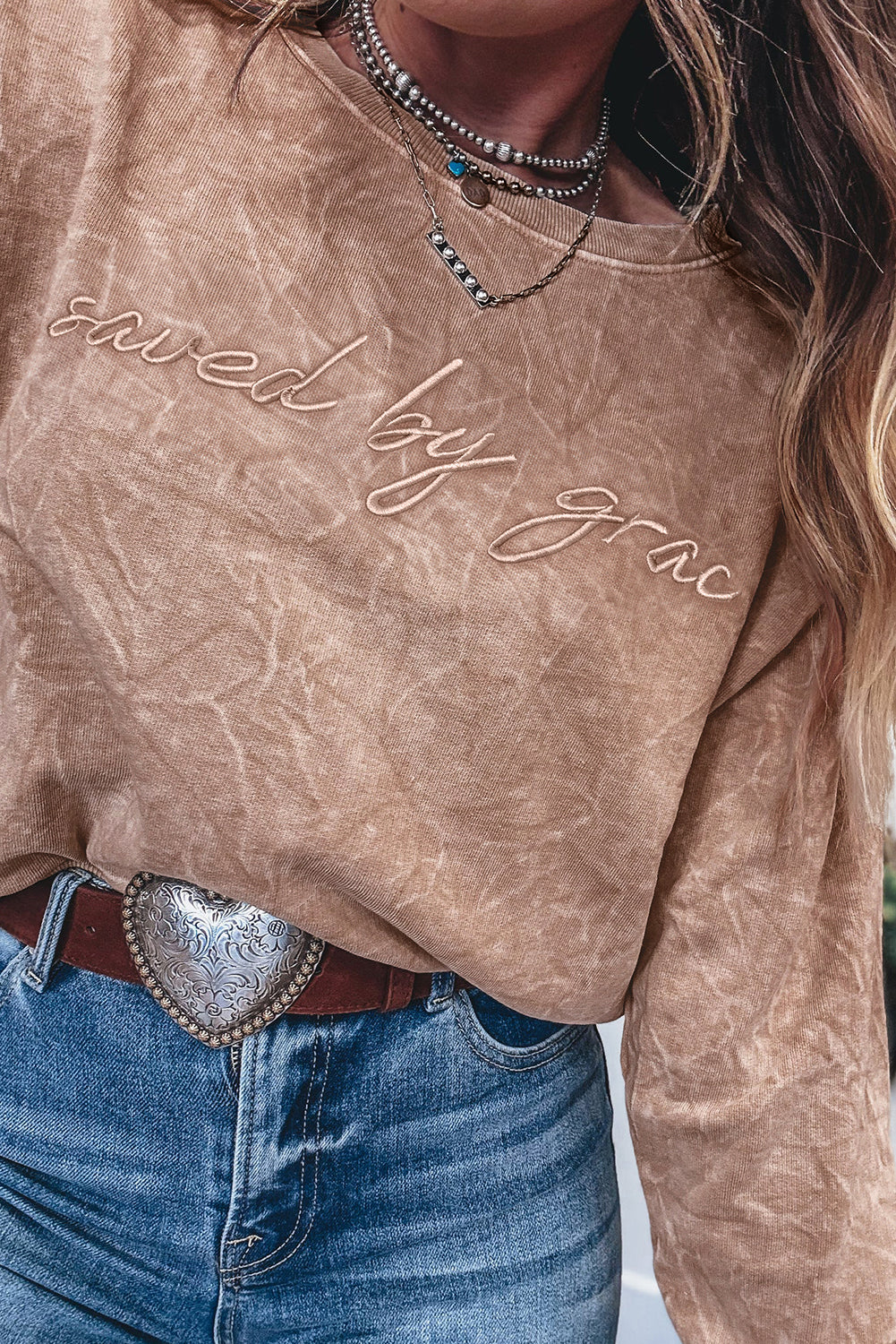 Sea Green saved by grace Letter Embroidery Mineral Wash Loose Sweatshirt af60fcb170141bdf