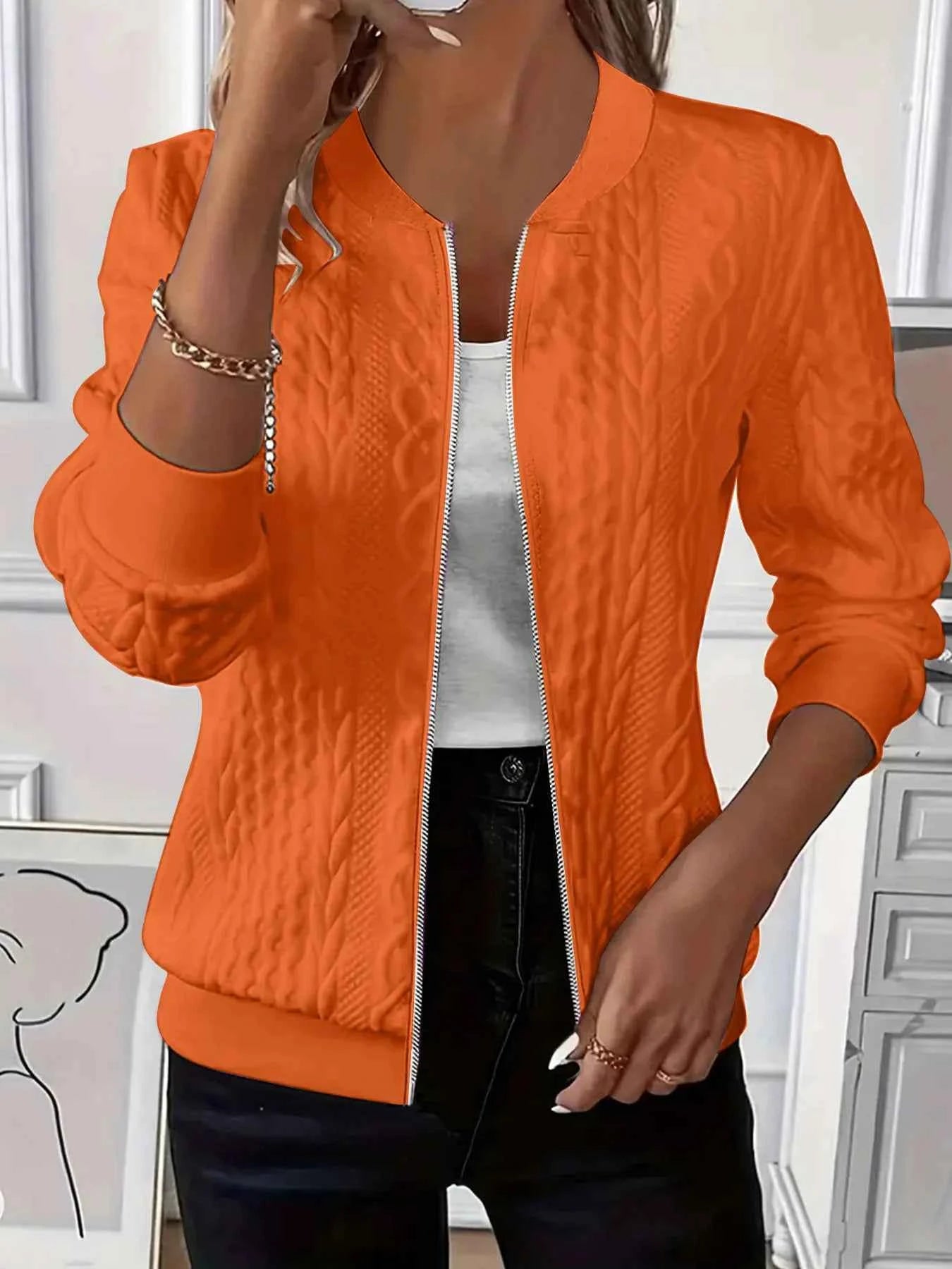 Texture Zip Up Long Sleeve Jacket Orange af619c7352c443bfaa4061a415f8651b-Max-Origin