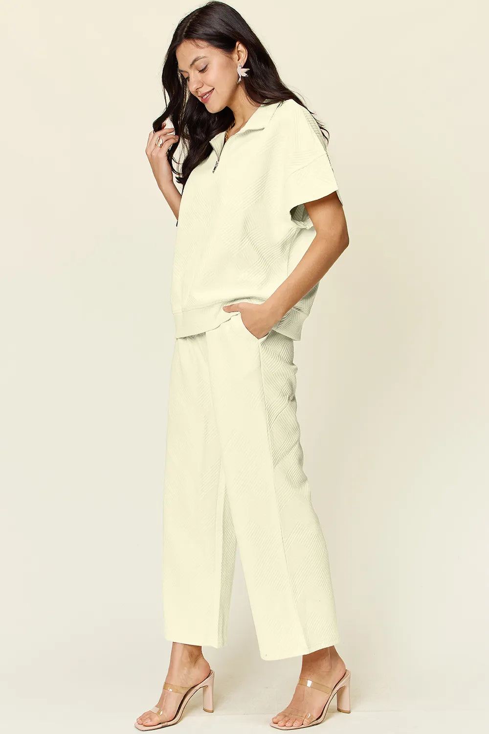 Double Take Full Size Texture Half Zip Short Sleeve Top and Pants Set af684df3-b251-4247-8b31-1a0ec6d3b0fe-Max