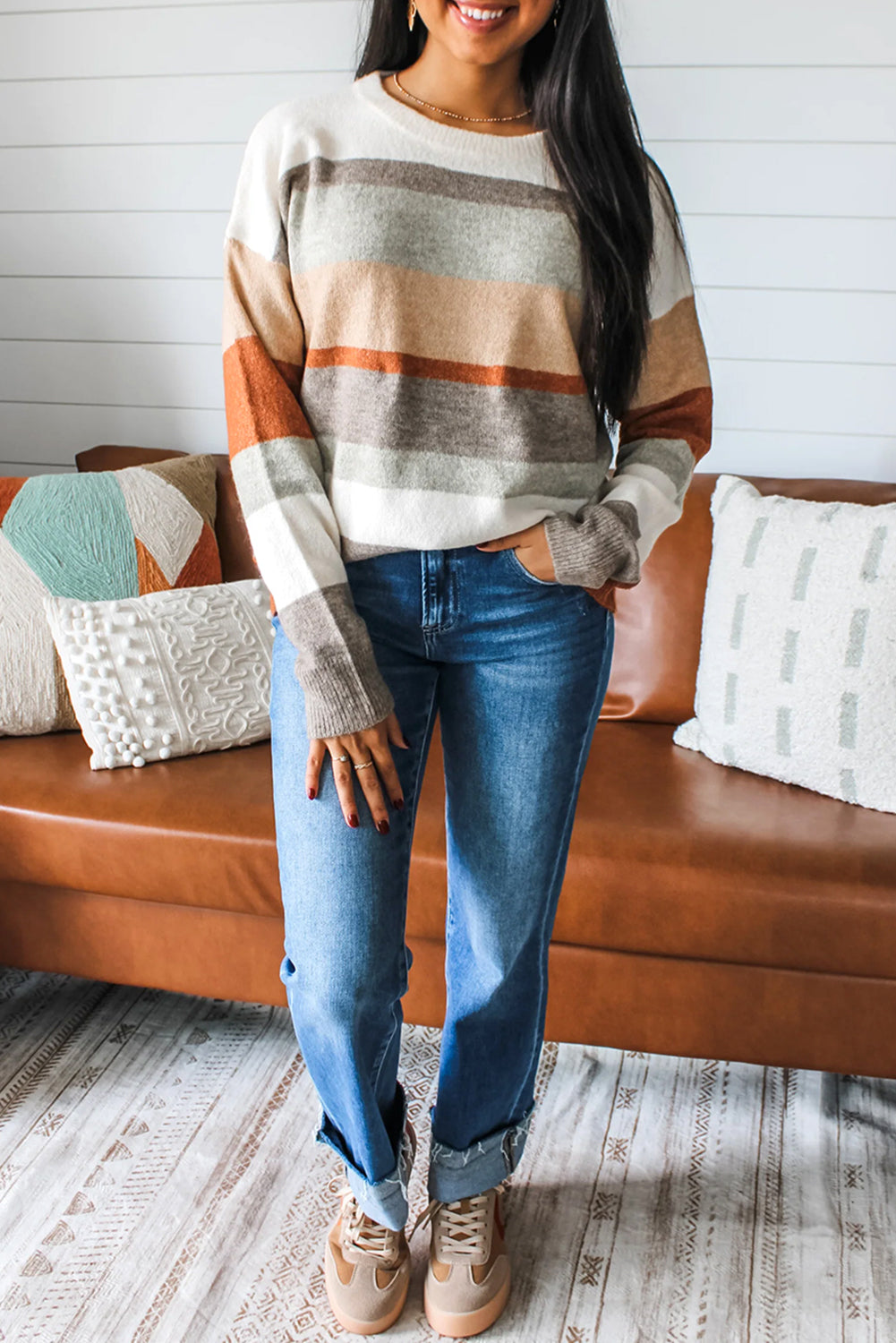 White Colorblock Striped Round Neck Drop Sleeve Sweater af6be4dbb7e12ebc