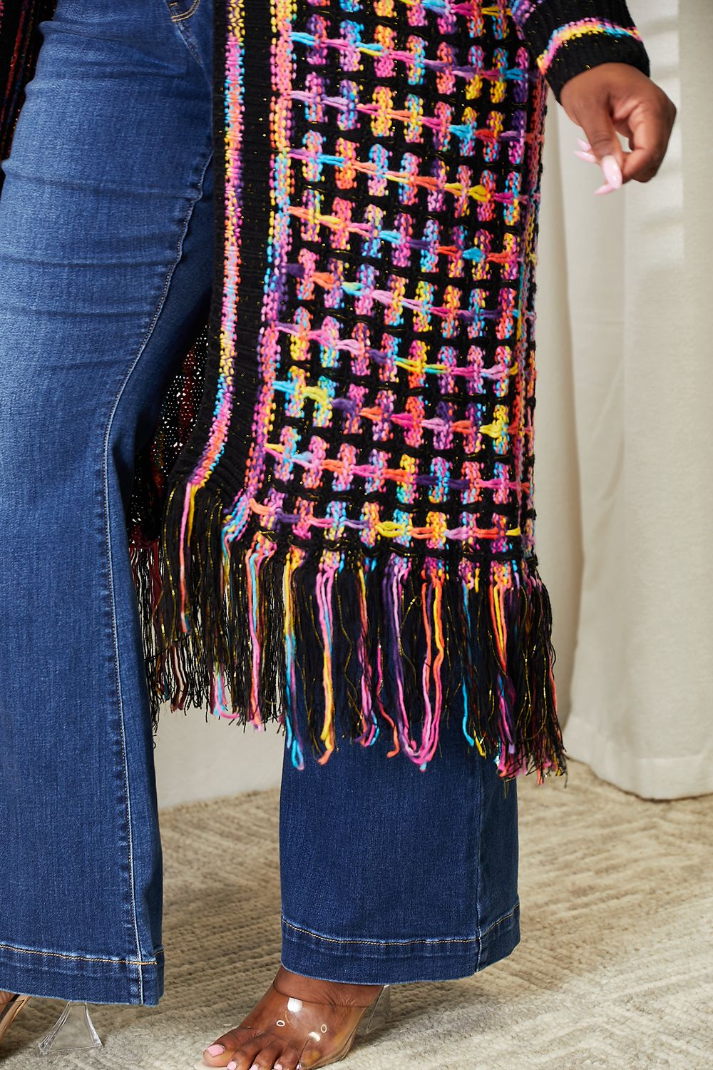 Angel Wings Full Size Multicolored Open Front Fringe Hem Cardigan af70a3a11d7049b6a7c56f2af4d0da55-Max