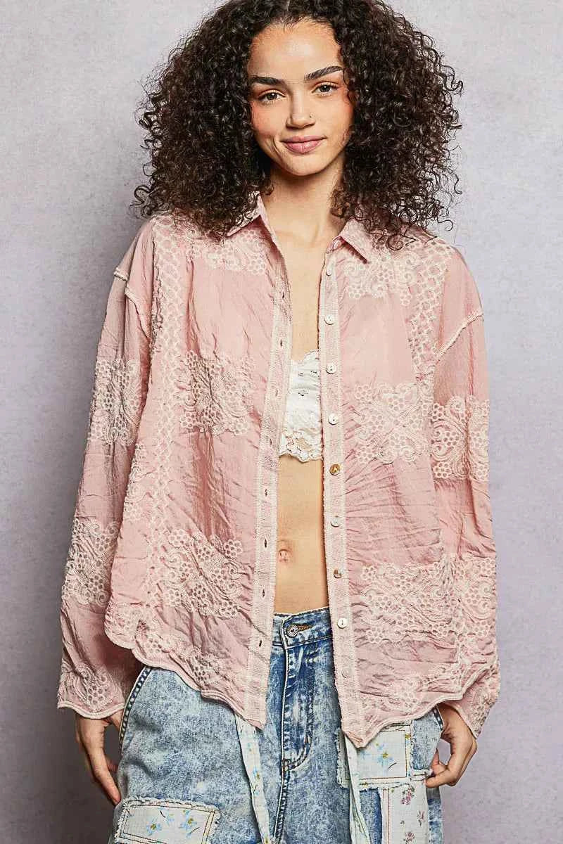 POL Embroidery Button Down Long Sleeve Shirt PINK One Size af76a074-c3c1-4fb0-861d-966c64d91b50-Max-Origin