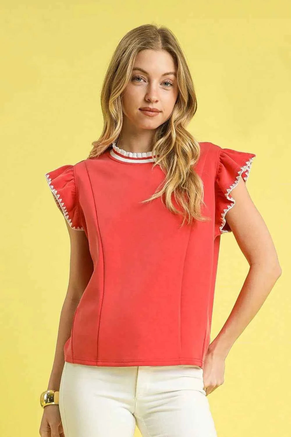 Umgee Contrast Trim Ruffle Cap Sleeve Blouse Red af787cfd-419b-4e5b-bac7-78c12e5a7500-Max-Origin
