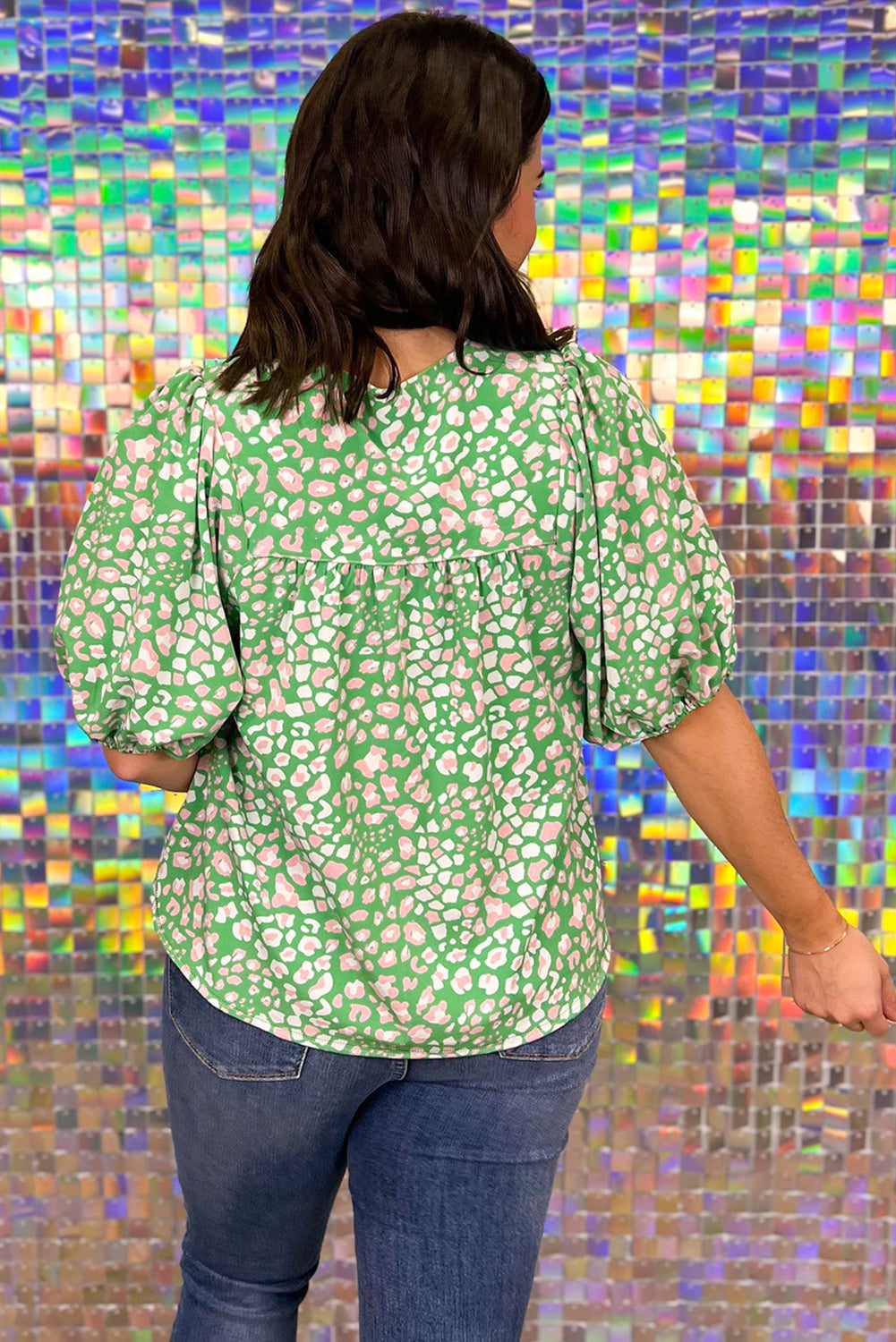 Green Plus Size Leopard Tassel Tie Split Neck Puff Sleeve Blouse af7ad5fcc8377956