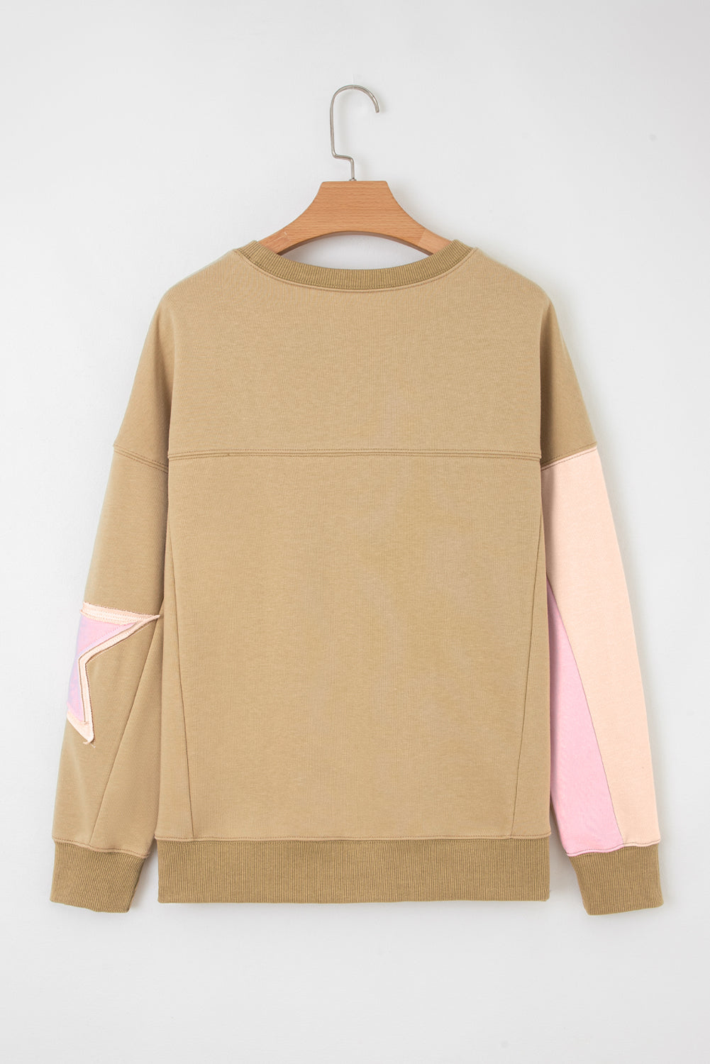 Rose Pink Star Patchwork Exposed Seam Uneven Hem Sweatshirt af7c3178eebc0a5b