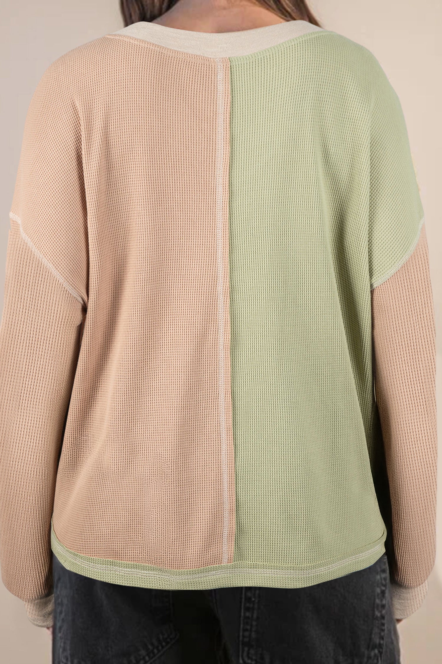 Green Plus Mixed Texture Color Block Patchwork V Neck Long Sleeve Top af7eca7676db6838
