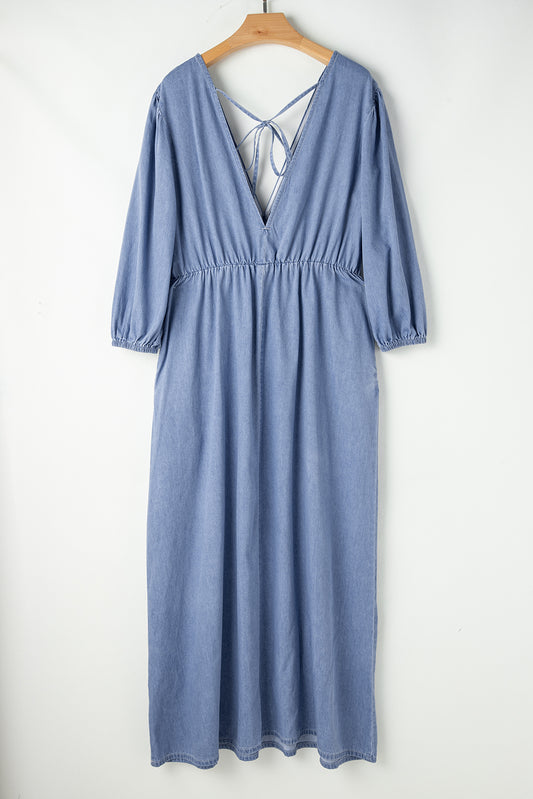 Myosotis Chambray Deep V Neck Bracelet Sleeve Maxi Dress af86058016d5875b