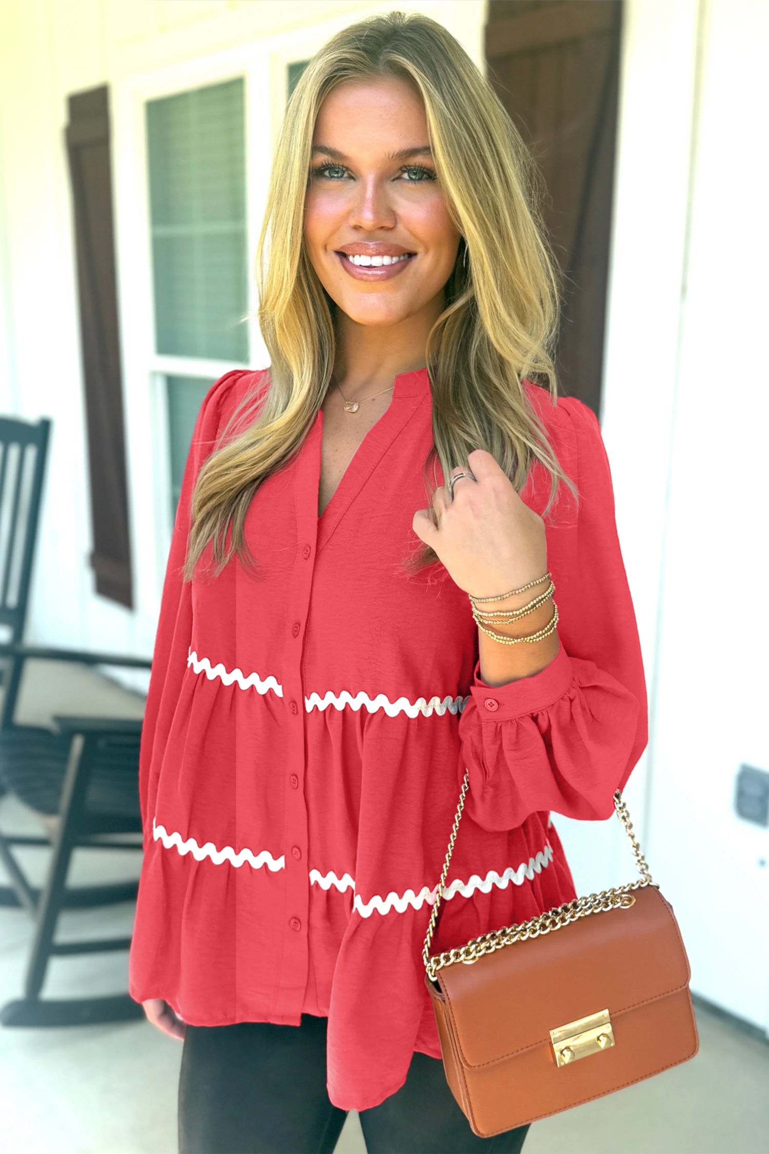 Coral Contrast Ricrac Trim V Neck Button Down Long Sleeve Shirt af863ae99319cf97