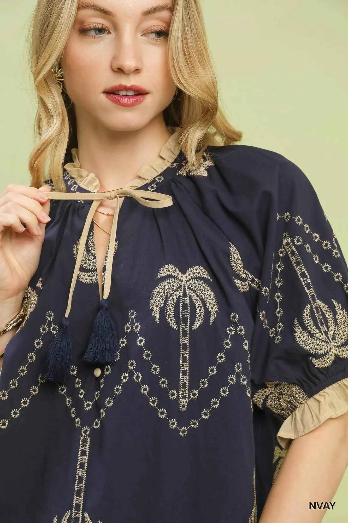 Umgee Embroidered Palm Print Tassel Tie Blouse af8d008d-7184-455c-a2c3-24b48068ad2c-Max-Origin