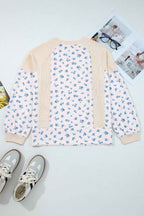 Beige Floral Print Waffle Patchwork Balloon Sleeve V Neck Oversized Top af8d99e4179fd4a6