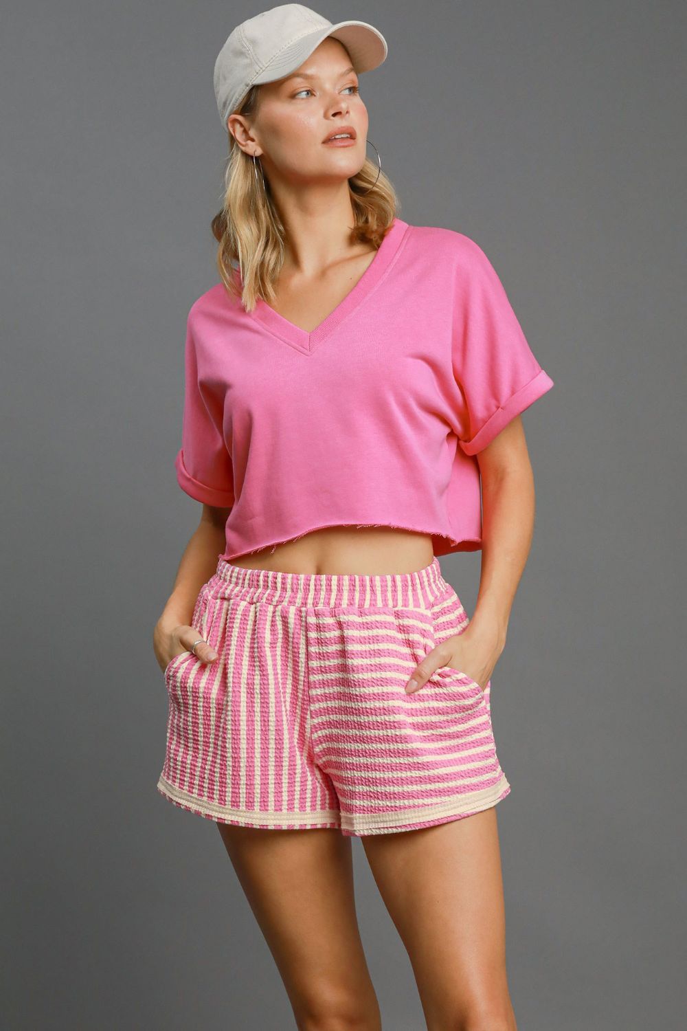 Umgee Elastic Waist Striped Shorts with Pockets