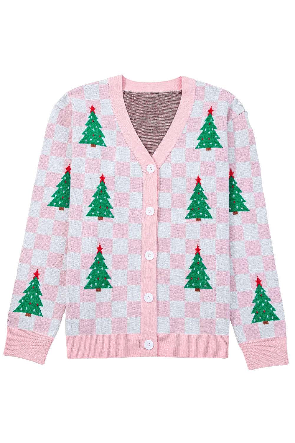 Red Checkered Christmas Tree Pattern Button V Neck Knit Cardigan Pink 52%Viscose+26%Polyester+22%Polyamide af96c3548470abbe